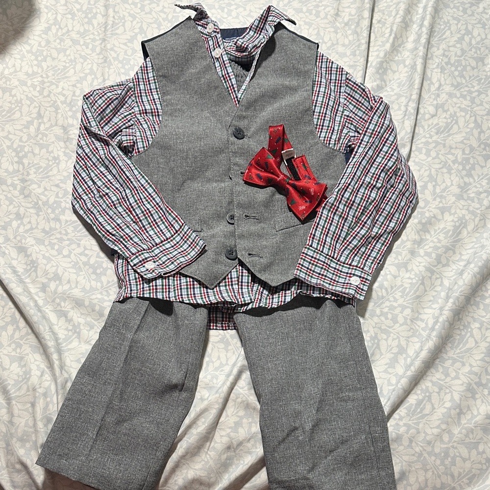 Izod Gray Dress Vest & Pants Set with Red Plaid Shirt and Red Bow